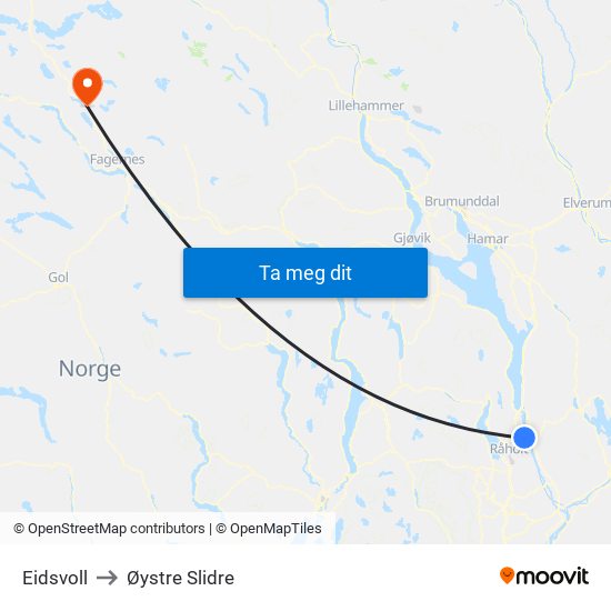 Eidsvoll to Øystre Slidre map