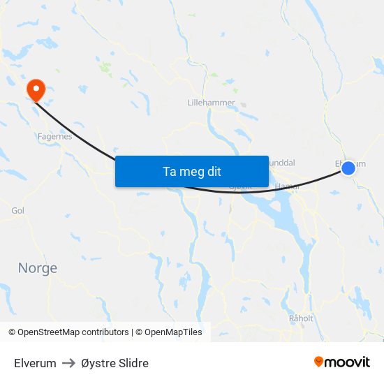 Elverum to Øystre Slidre map