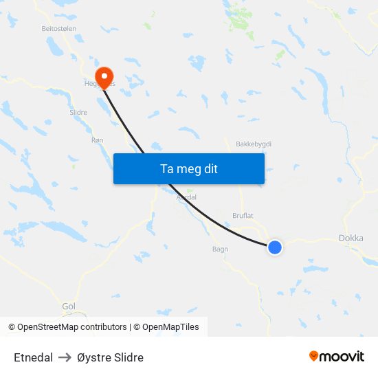 Etnedal to Øystre Slidre map