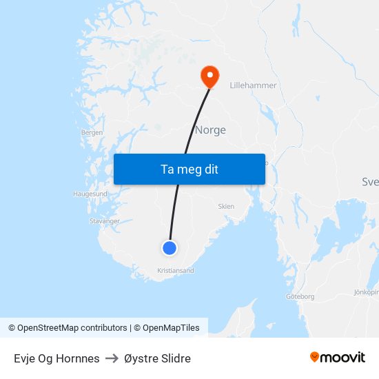 Evje Og Hornnes to Øystre Slidre map