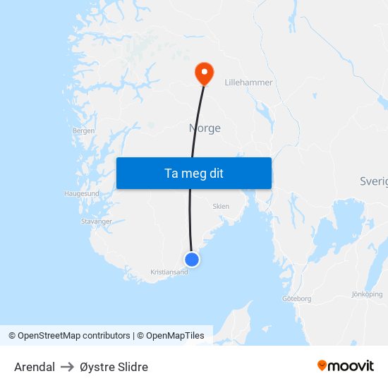 Arendal to Øystre Slidre map