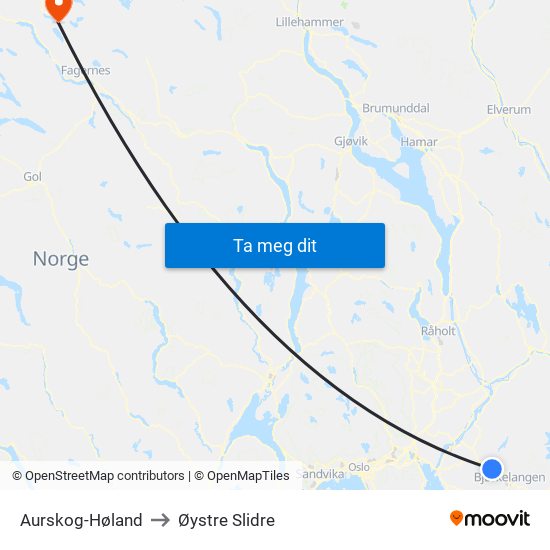 Aurskog-Høland to Øystre Slidre map
