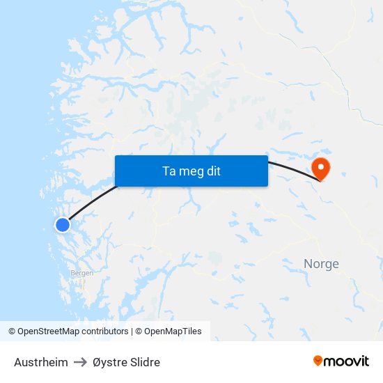 Austrheim to Øystre Slidre map