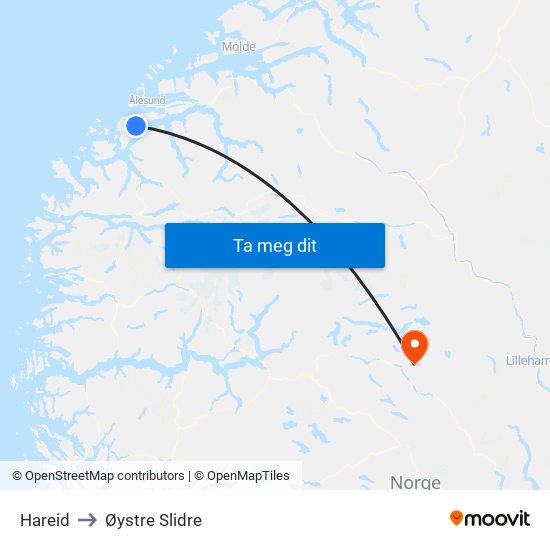 Hareid to Øystre Slidre map