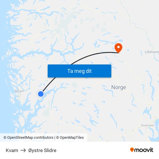 Kvam to Øystre Slidre map