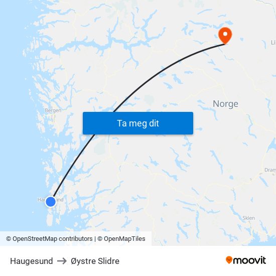 Haugesund to Øystre Slidre map