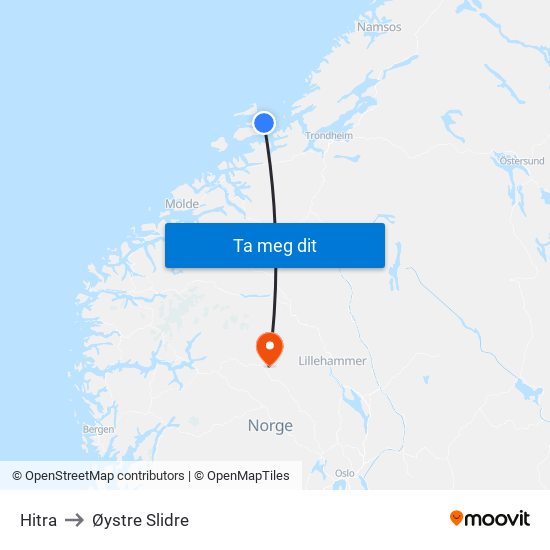 Hitra to Øystre Slidre map