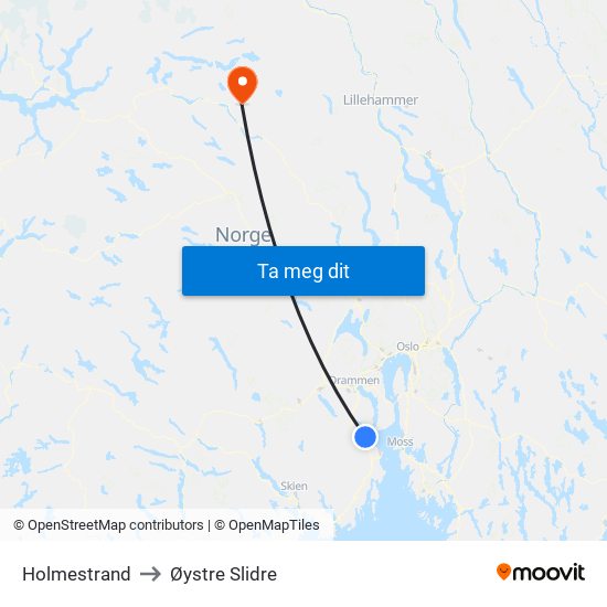 Holmestrand to Øystre Slidre map