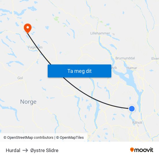 Hurdal to Øystre Slidre map