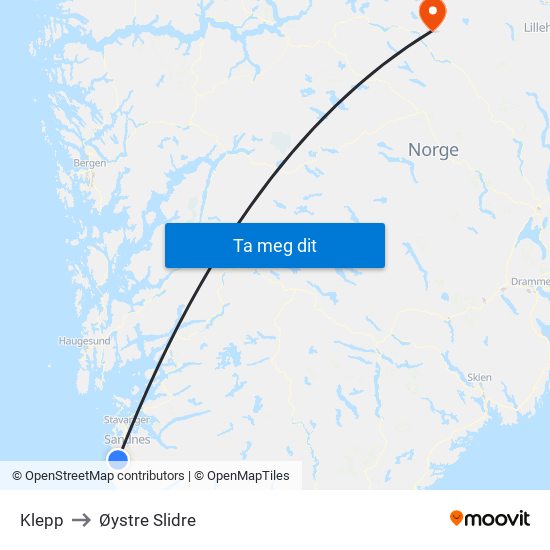 Klepp to Øystre Slidre map