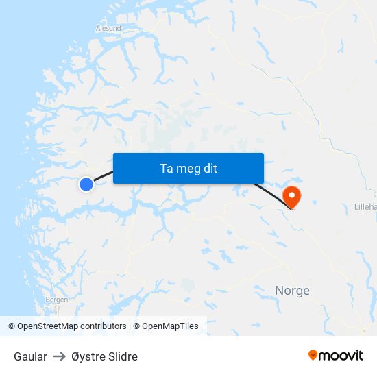 Gaular to Øystre Slidre map