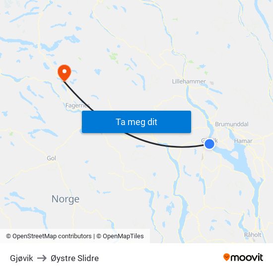 Gjøvik to Øystre Slidre map