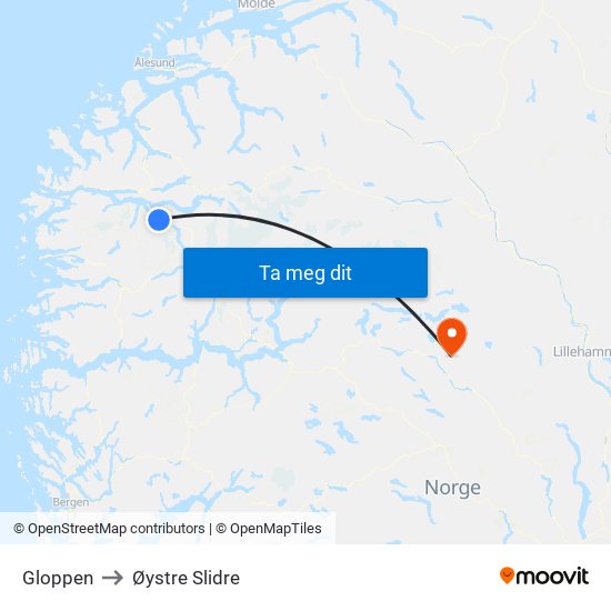 Gloppen to Øystre Slidre map