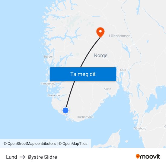 Lund to Øystre Slidre map