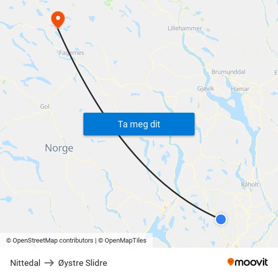 Nittedal to Øystre Slidre map