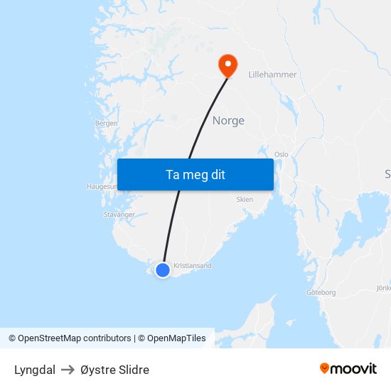Lyngdal to Øystre Slidre map