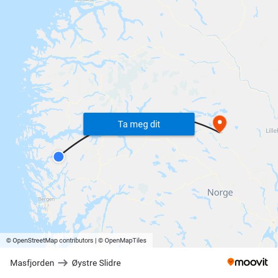 Masfjorden to Øystre Slidre map