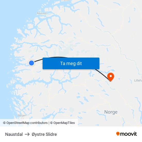 Naustdal to Øystre Slidre map