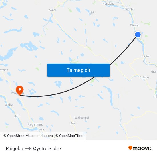 Ringebu to Øystre Slidre map