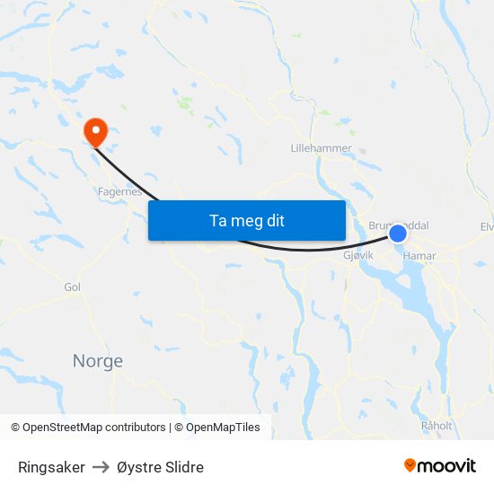 Ringsaker to Øystre Slidre map