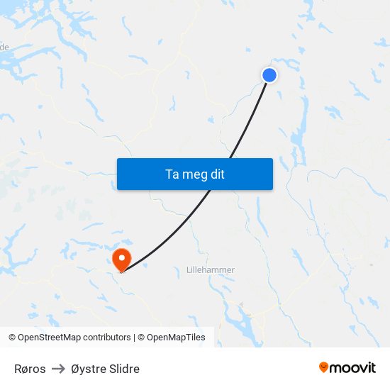 Røros to Øystre Slidre map