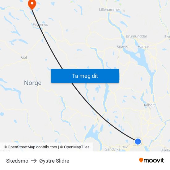 Skedsmo to Øystre Slidre map