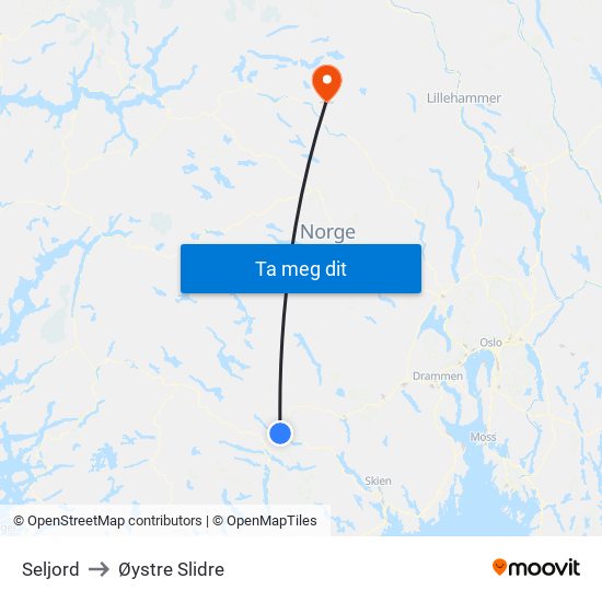 Seljord to Øystre Slidre map