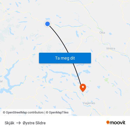 Skjåk to Øystre Slidre map