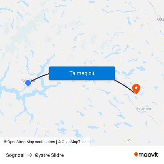 Sogndal to Øystre Slidre map