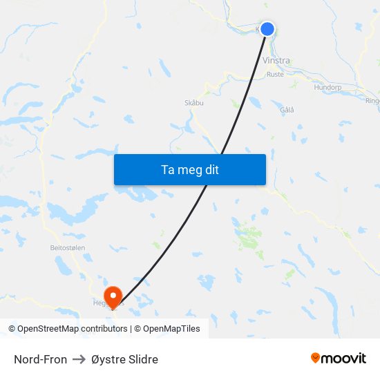 Nord-Fron to Øystre Slidre map