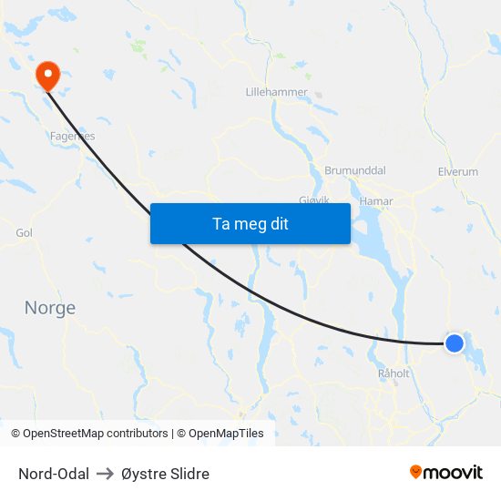 Nord-Odal to Øystre Slidre map