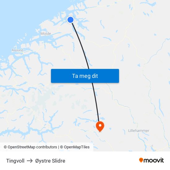 Tingvoll to Øystre Slidre map