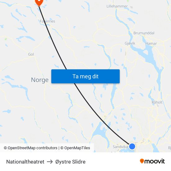 Nationaltheatret to Øystre Slidre map