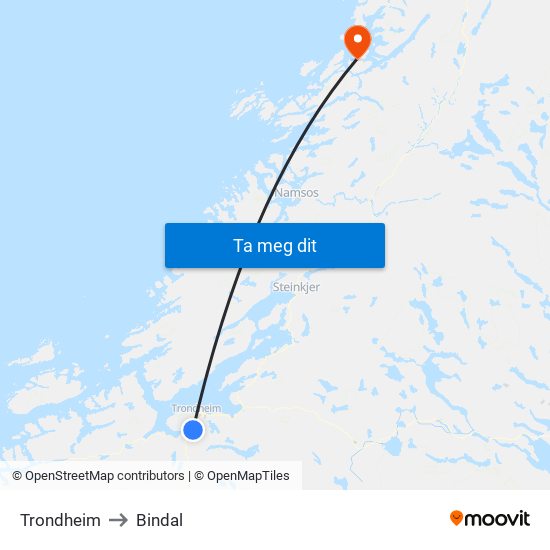 Trondheim to Bindal map