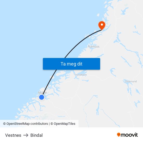 Vestnes to Bindal map