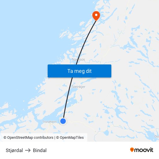 Stjørdal to Bindal map