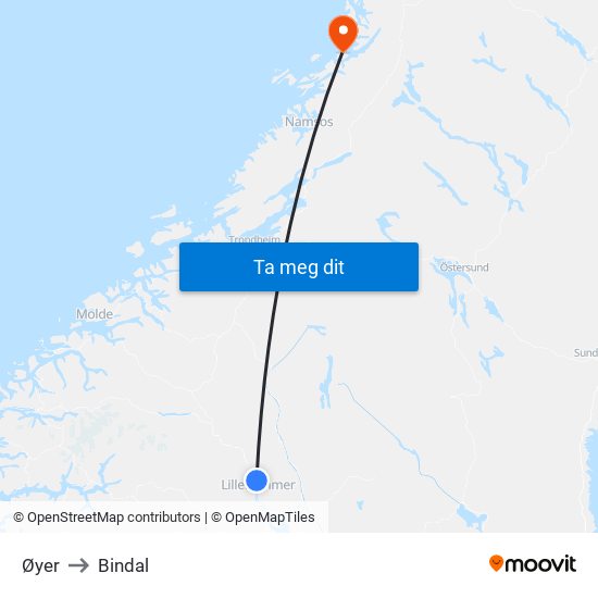 Øyer to Bindal map