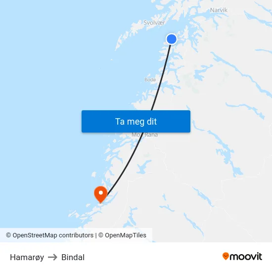 Hamarøy to Bindal map