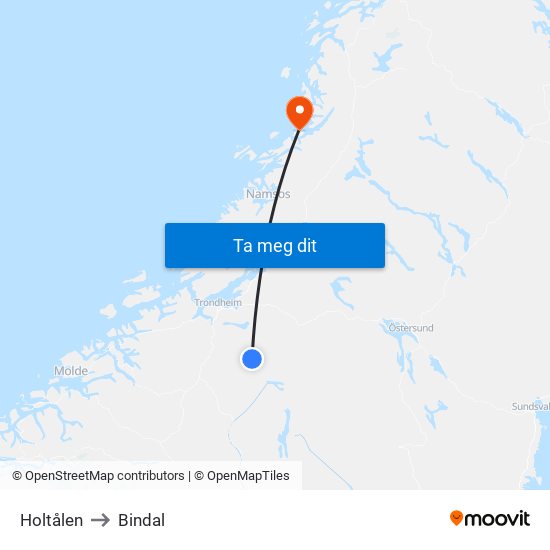 Holtålen to Bindal map