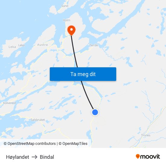 Høylandet to Bindal map