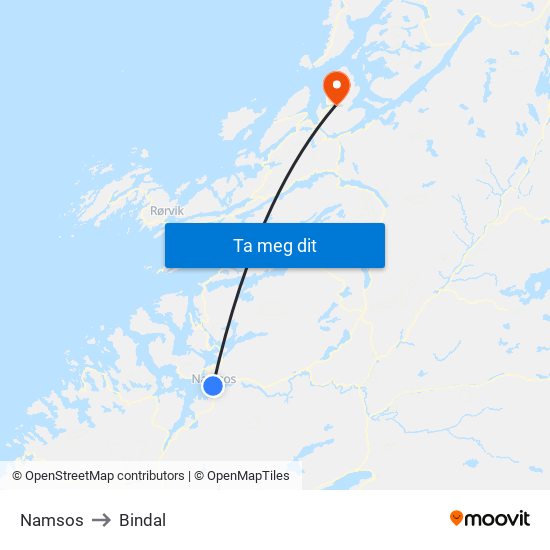 Namsos to Bindal map