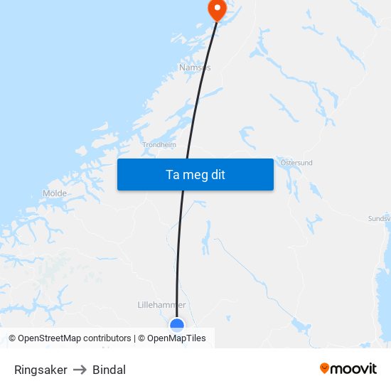 Ringsaker to Bindal map