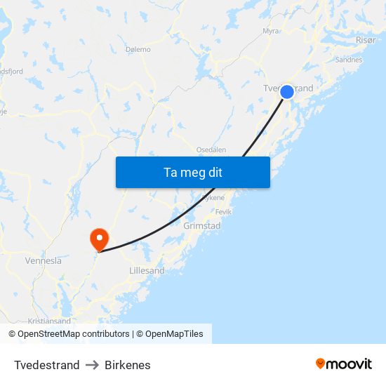 Tvedestrand to Birkenes map