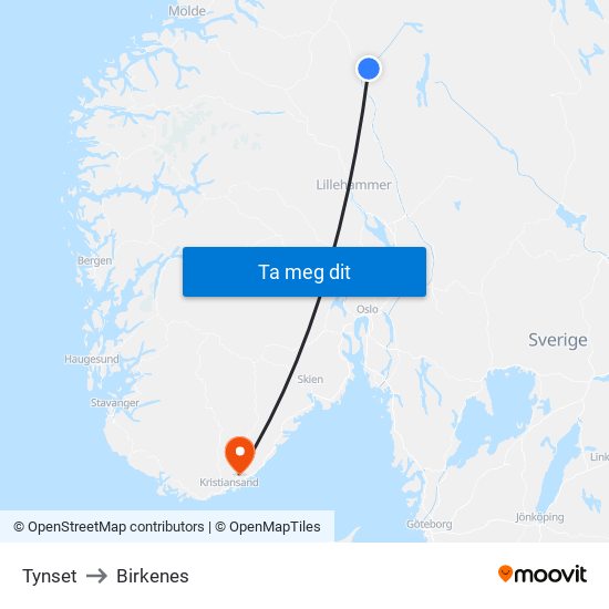 Tynset to Birkenes map