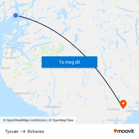 Tysvær to Birkenes map