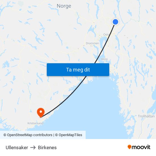 Ullensaker to Birkenes map