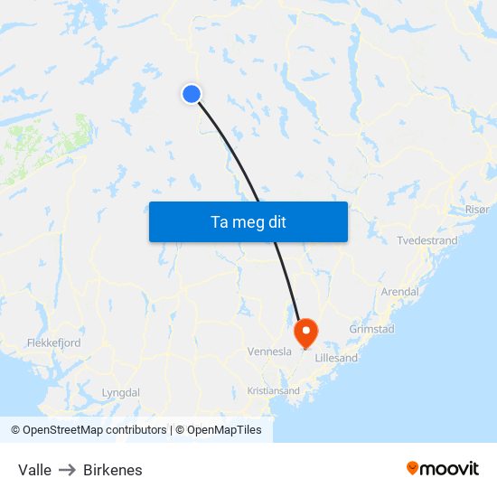 Valle to Birkenes map