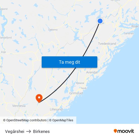 Vegårshei to Birkenes map