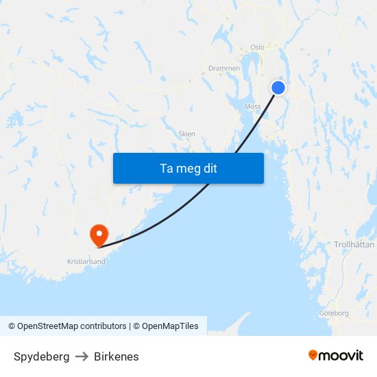 Spydeberg to Birkenes map