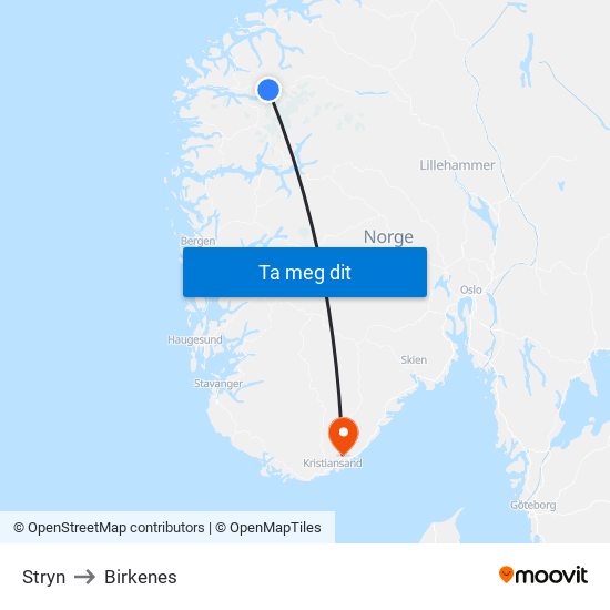 Stryn to Birkenes map